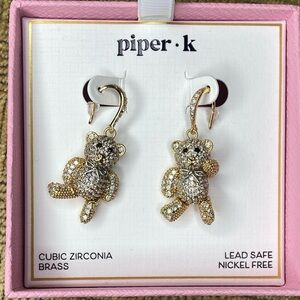 NIB! Piper K Gold Tone Teddy Bear Pave’ Crystal Drop Earrings